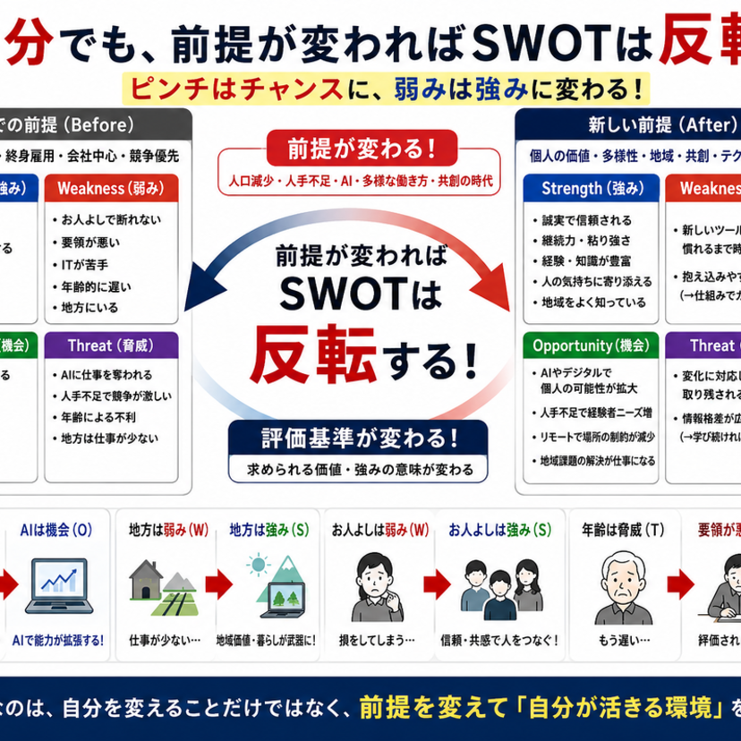 SWOT転換とは？ 前提が変われば、ピンチはチャンスに、弱みは強みになる